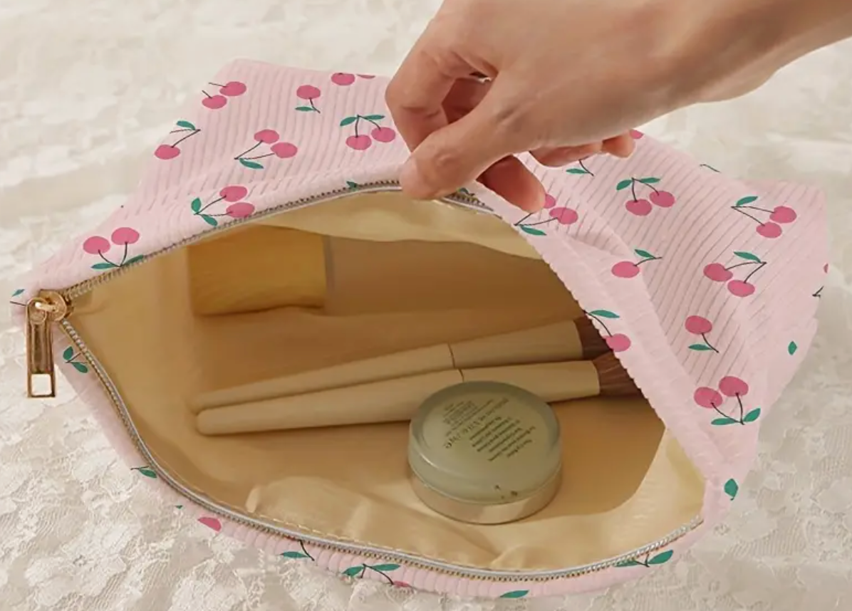 Pink Cherries Bow Makeup Bag