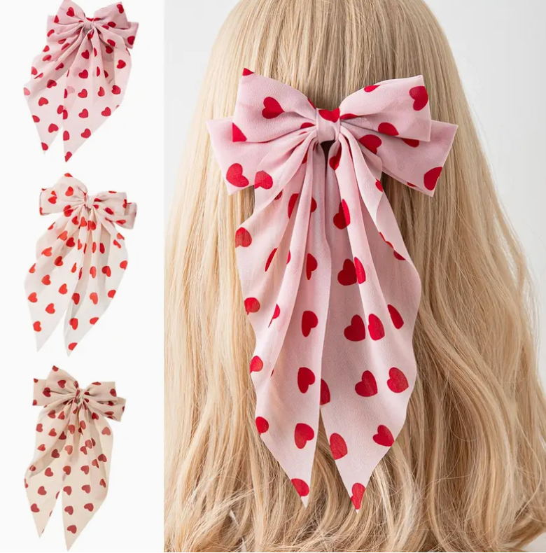 Red Heart Hair Clip with Bow Ribbon - Pink