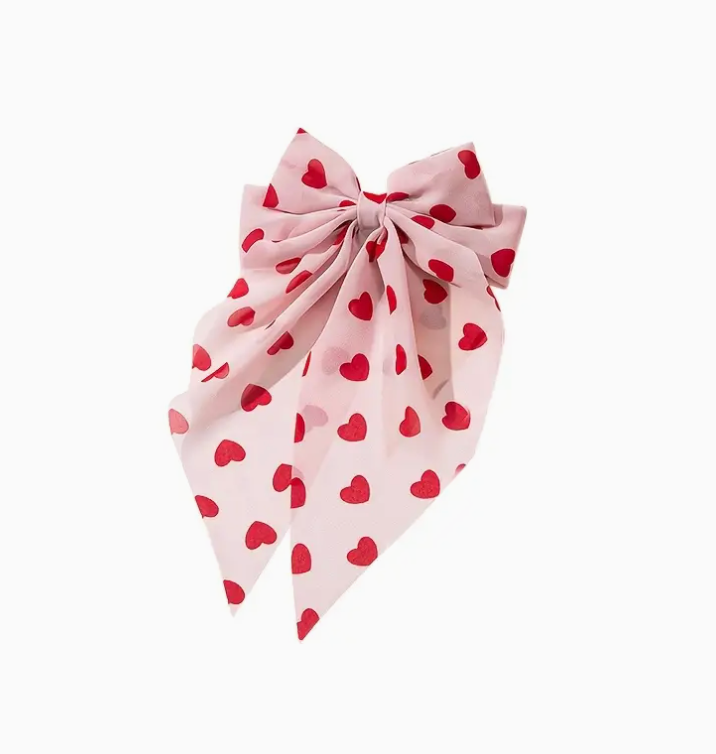 Red Heart Hair Clip with Bow Ribbon - Pink