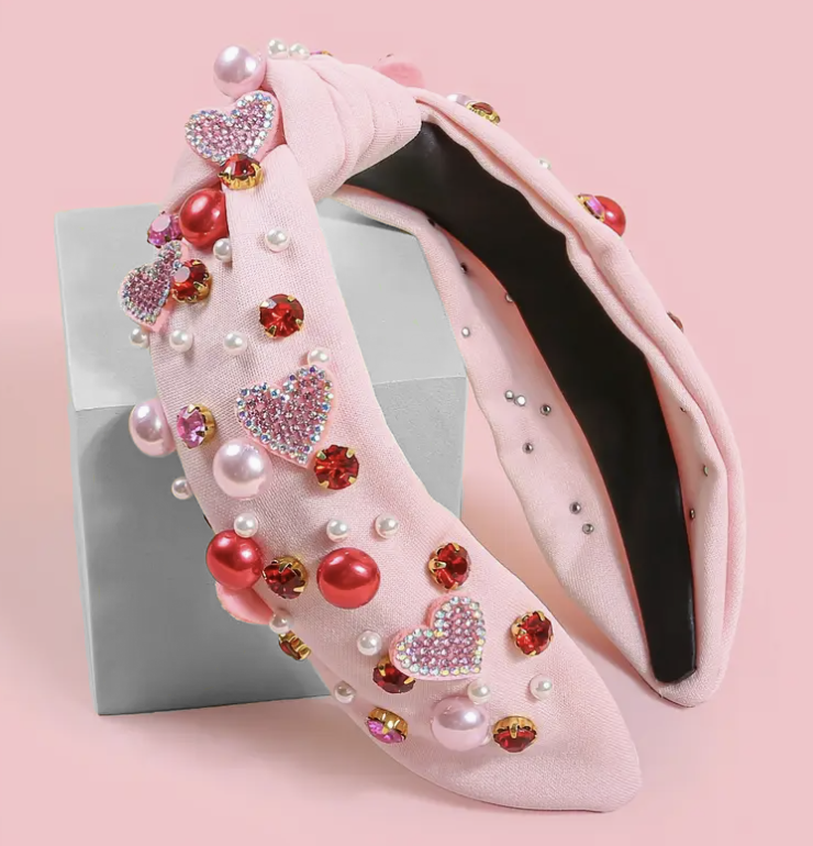 Valentine's Beaded Heart Pink Headband