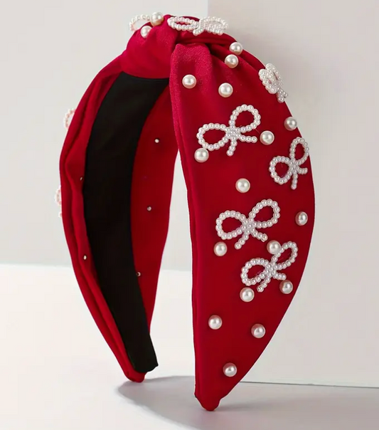 Pearl Bow Headband Red