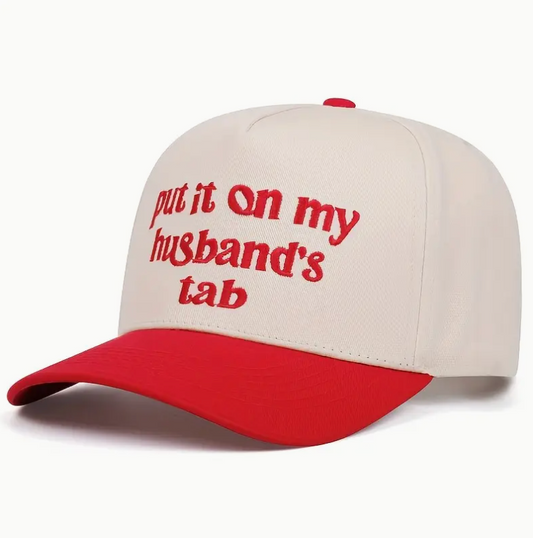 Embroidered Baseball Hat Put it on My Husband Tab Red