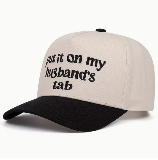 Embroidered Baseball Hat Put it on My Husband Tab Black