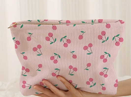 Pink Cherries Bow Makeup Bag
