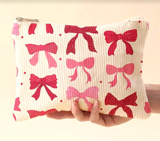 Chic Red Bow Print Corduroy Makeup Bag