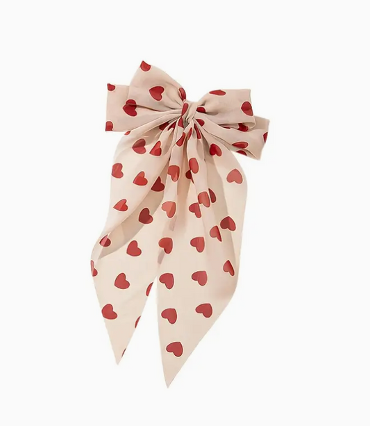 Red Heart Hair Clip with Bow Ribbon - Cream