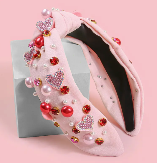 Valentine's Beaded Heart Pink Headband